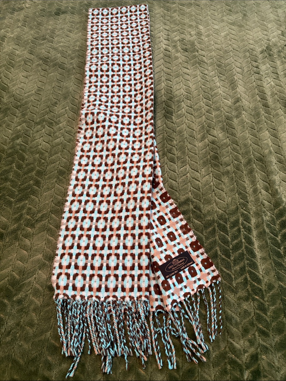 Vintage 100% Cashmere Scarf Geometric Pattern Blue Brown Fringed Germany